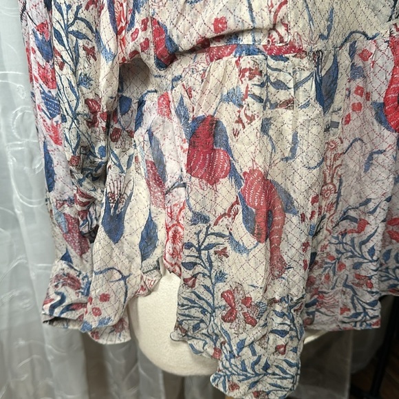 Isabel Marant Floral Bird Sheer Silk Babydoll Blouse size 36 -Small NEW Red Blue - Picture 13 of 16